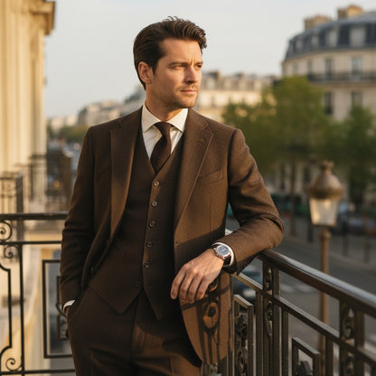 Tweed Three Piece Suit - Mocha Brown - Angled Shot