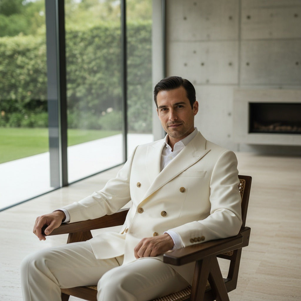 White Double Breasted Suit - White - Side Profile