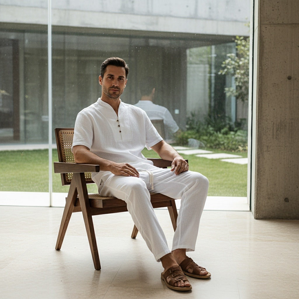White Linen Summer Set Men - White - Side Profile