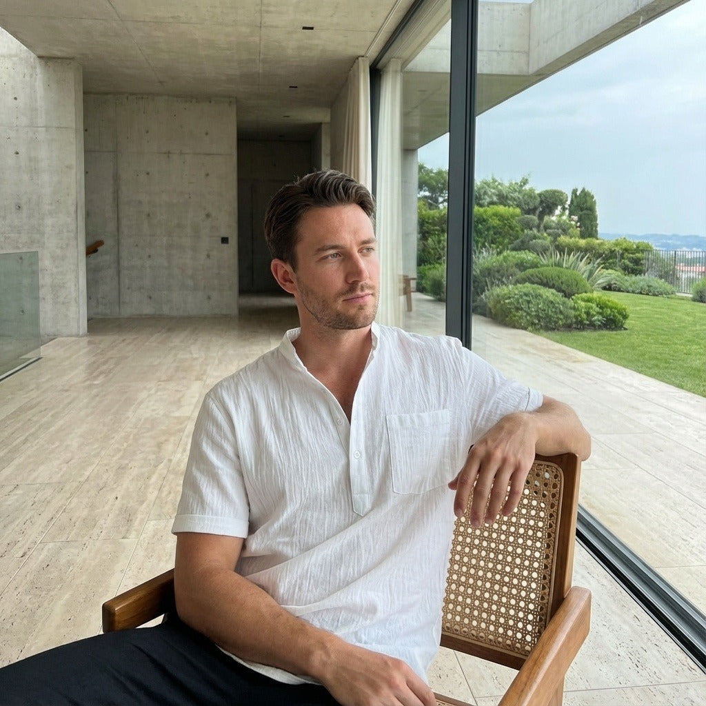 White Linen T Shirt - White - Side Profile