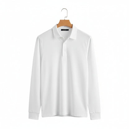 White Long Sleeve Polo Shirt - White - Front View