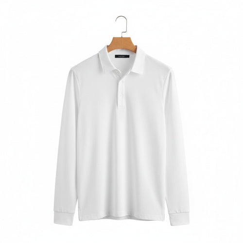 White Long Sleeve Polo Shirt - White - Front View
