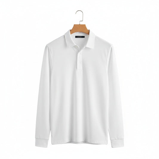 White Long Sleeve Polo Shirt - White - Front View