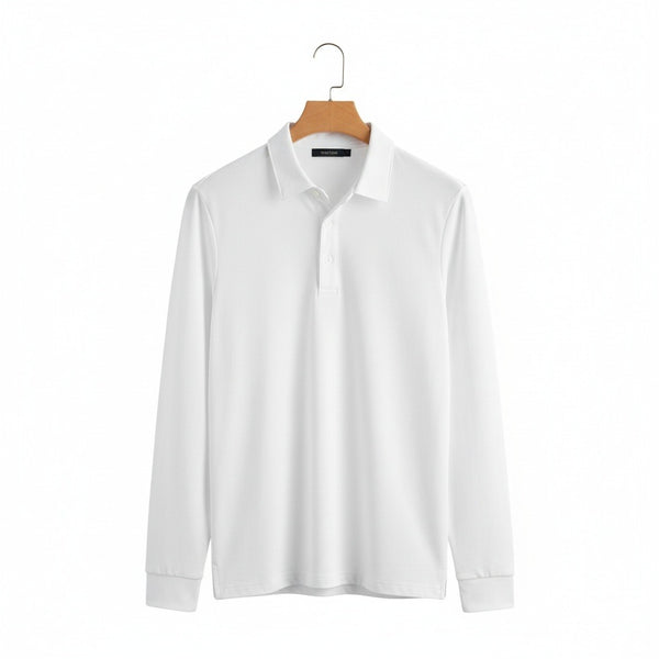 White Long Sleeve Polo Shirt - White - Front View