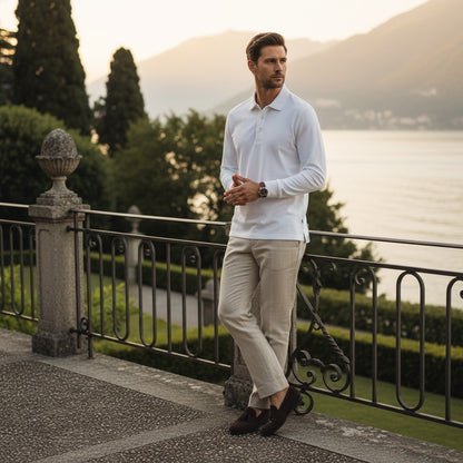 White Long Sleeve Polo Shirt - White - Angled Shot