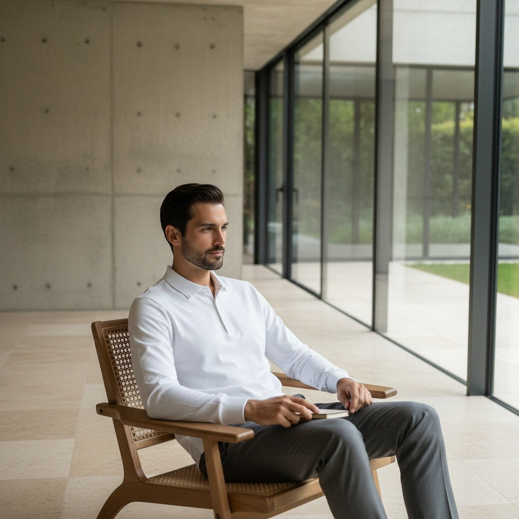 White Long Sleeve Polo Shirt - White - Side Profile