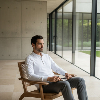 White Long Sleeve Polo Shirt - White - Side Profile
