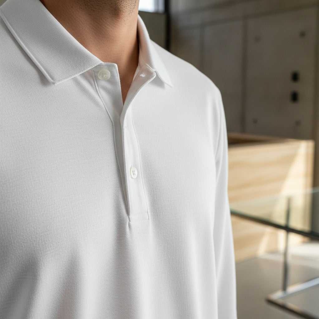 White Long Sleeve Polo Shirt - White - Back View