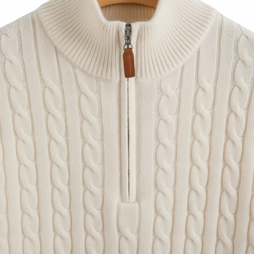 White Quarter Zip Sweater - White - Texture Close Up