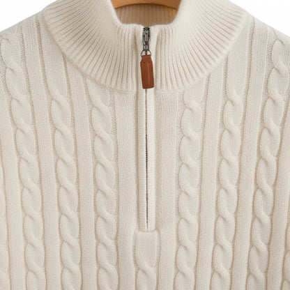 White Quarter Zip Sweater - White - Texture Close Up