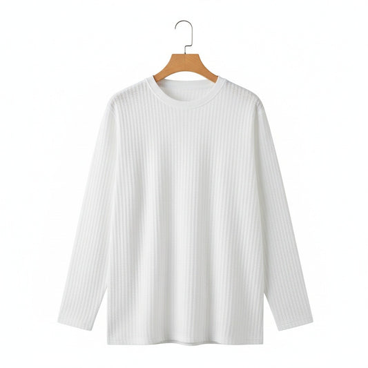 White Ribbed Long Sleeve T Shirt - White - Front View