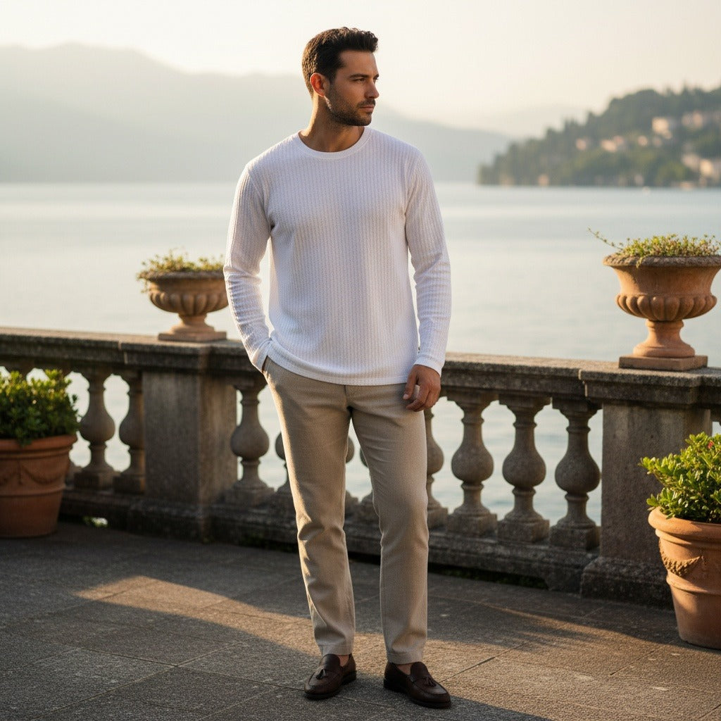 White Ribbed Long Sleeve T Shirt - White - Angled Shot