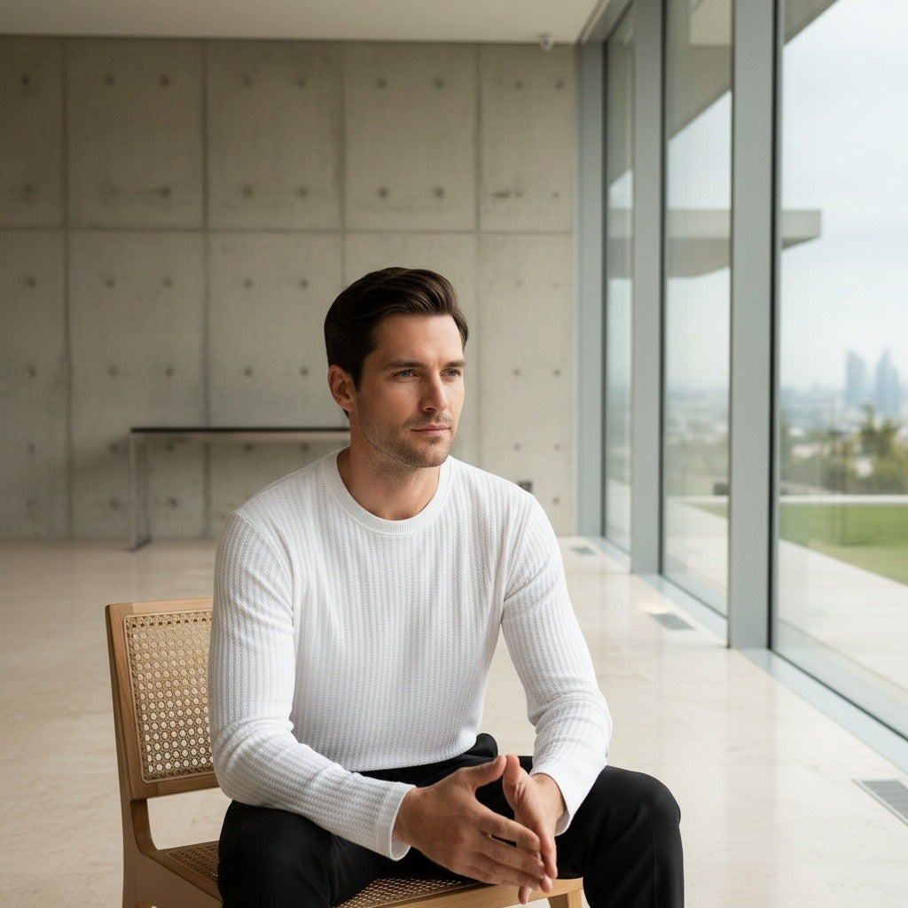 White Ribbed Long Sleeve T Shirt - White - Side Profile