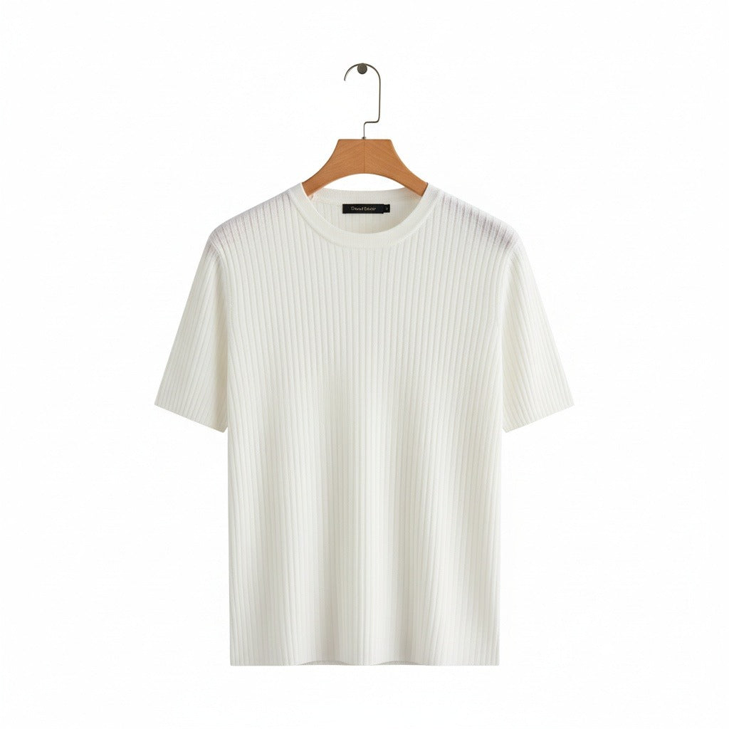 White Ribbed T Shirt - White - Front View