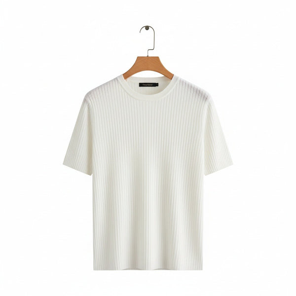 White Ribbed T Shirt - White - Front View