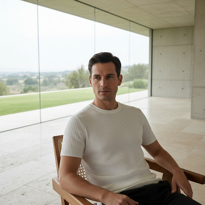 White Ribbed T Shirt - White - Side Profile