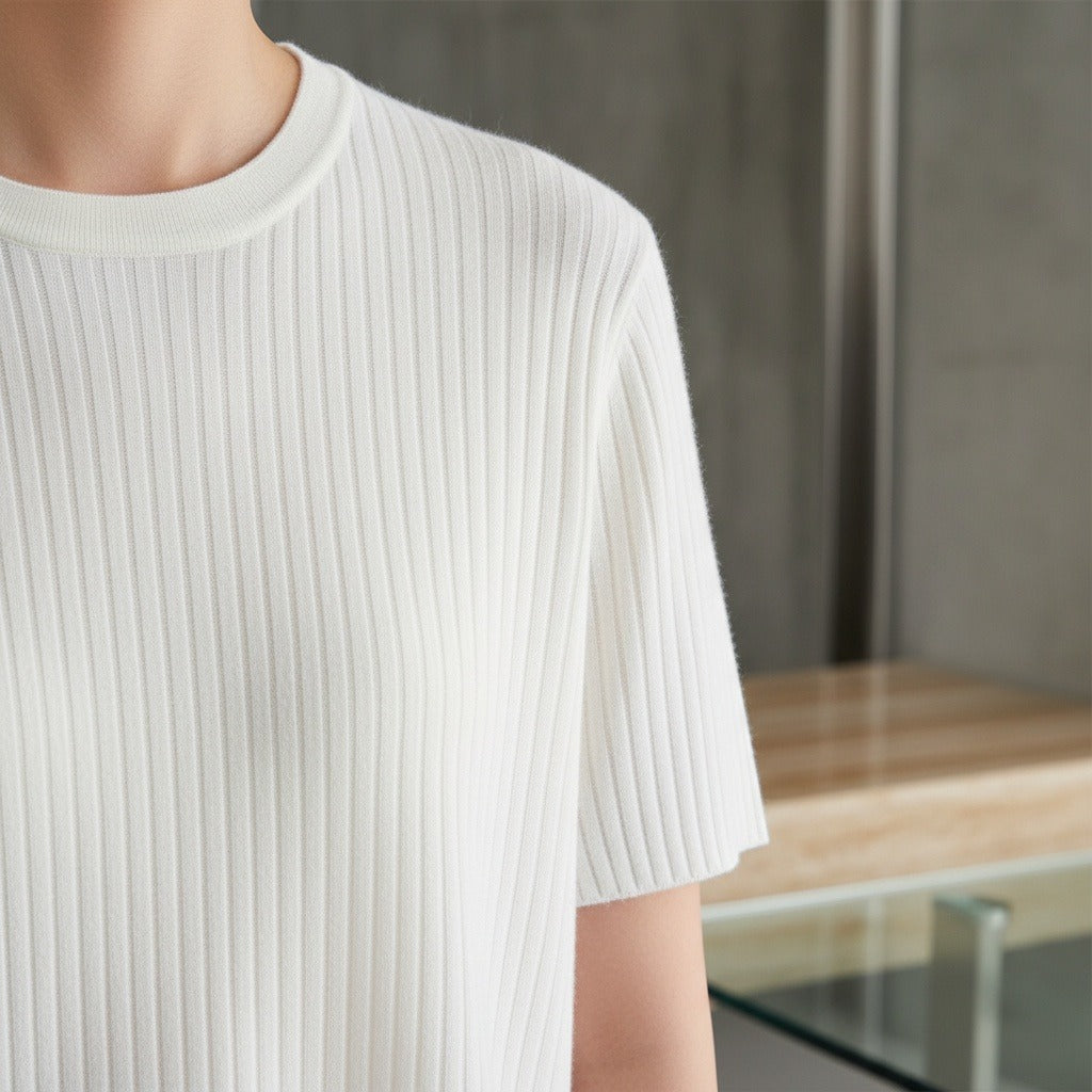 White Ribbed T Shirt - White - Back View
