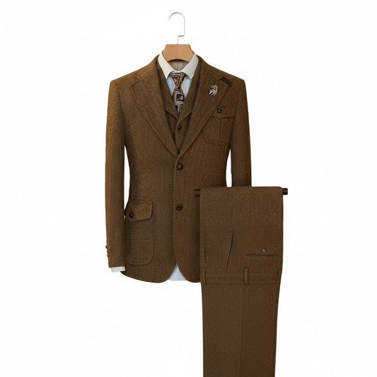 Wool Three Piece Suit - Brown - Front View
