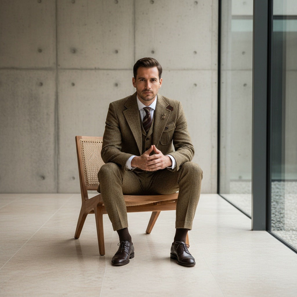 Wool Three Piece Suit - Tweed - Side Profile