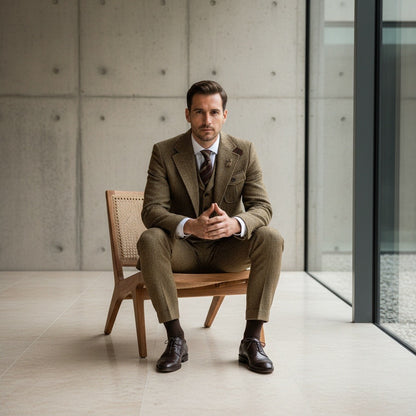 Wool Three Piece Suit - Tweed - Side Profile