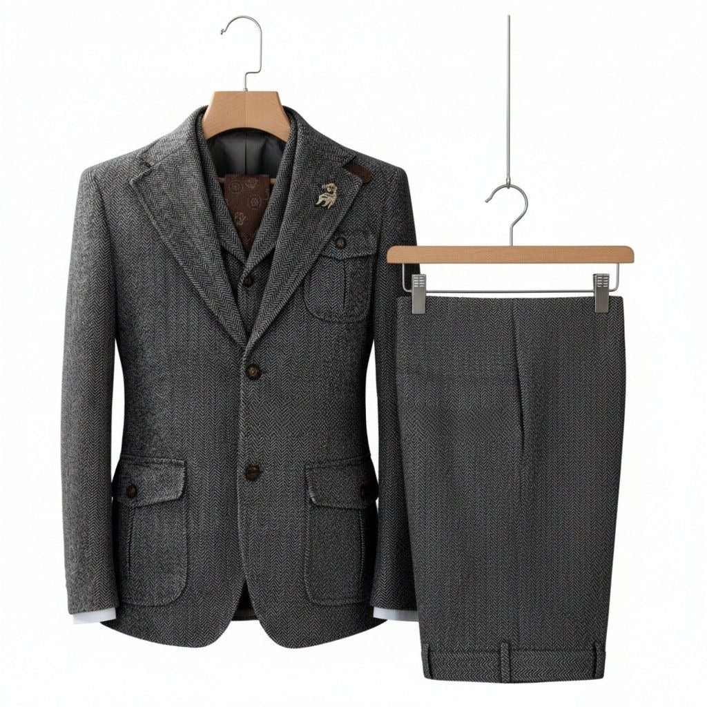 Wool Three Piece Suit - Charcoal - Front View