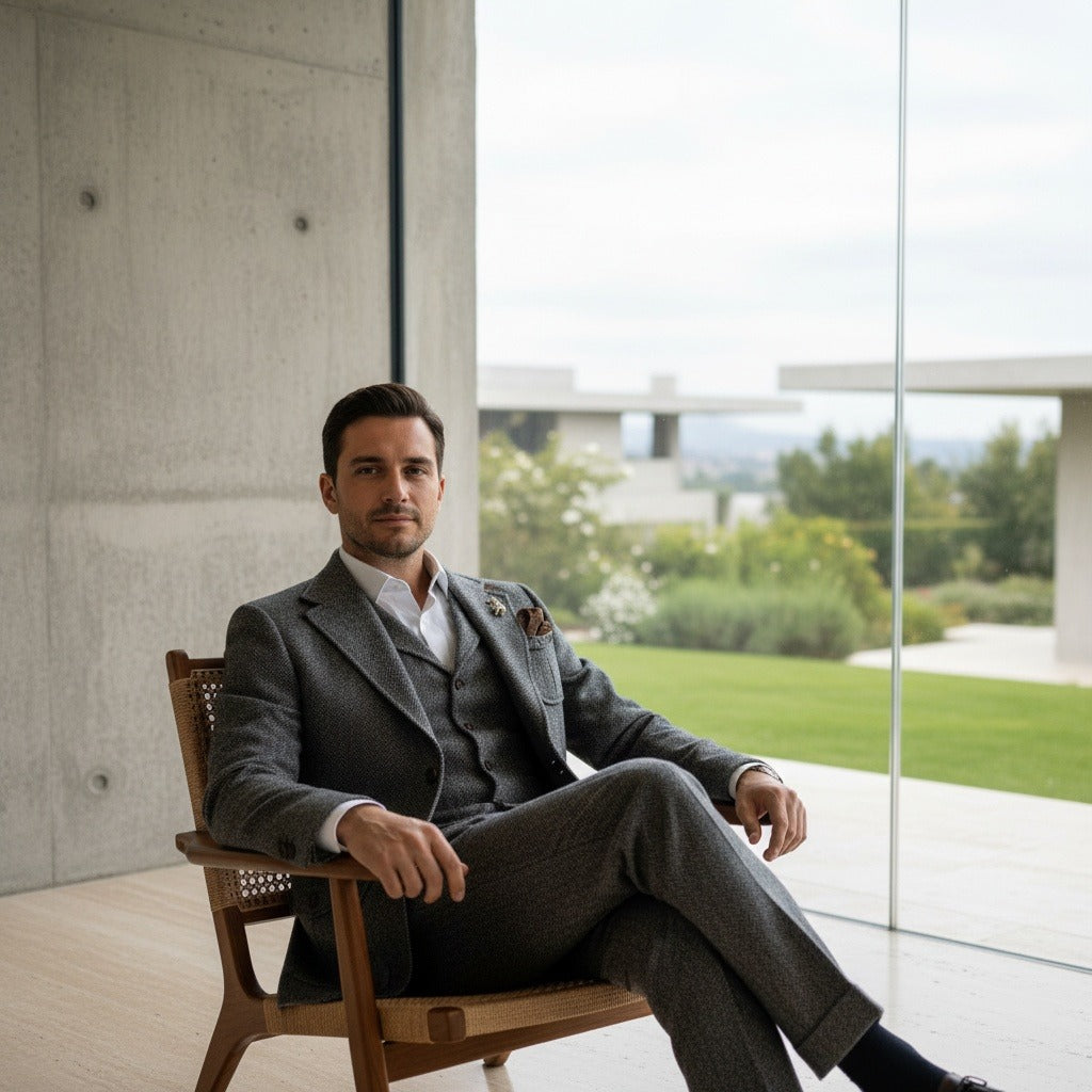 Wool Three Piece Suit - Charcoal - Side Profile