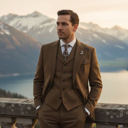 Wool Three Piece Suit - Brown - Angled Shot