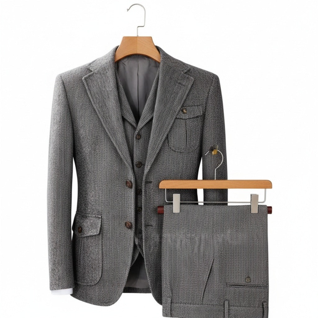 Wool Three Piece Suit - Stone Gray - Front View