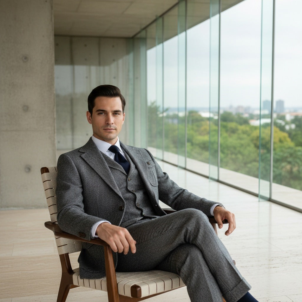 Wool Three Piece Suit - Stone Gray - Side Profile