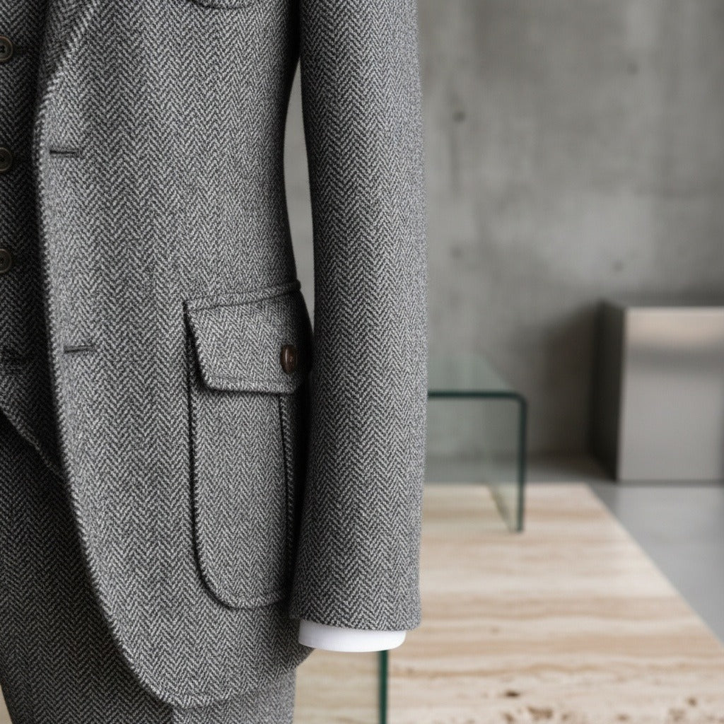 Wool Three Piece Suit - Stone Gray - Back View