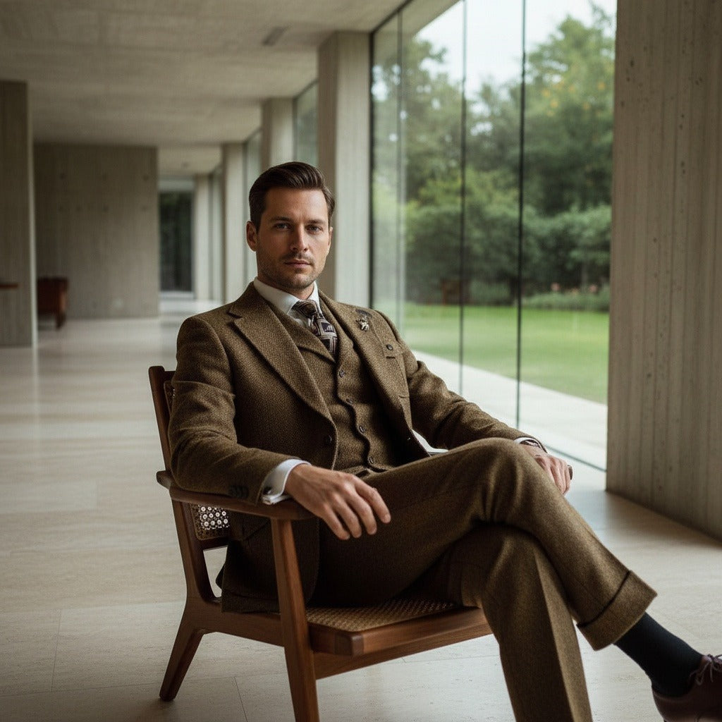 Wool Three Piece Suit - Brown - Side Profile