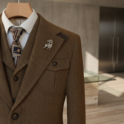 Wool Three Piece Suit - Brown - Back View
