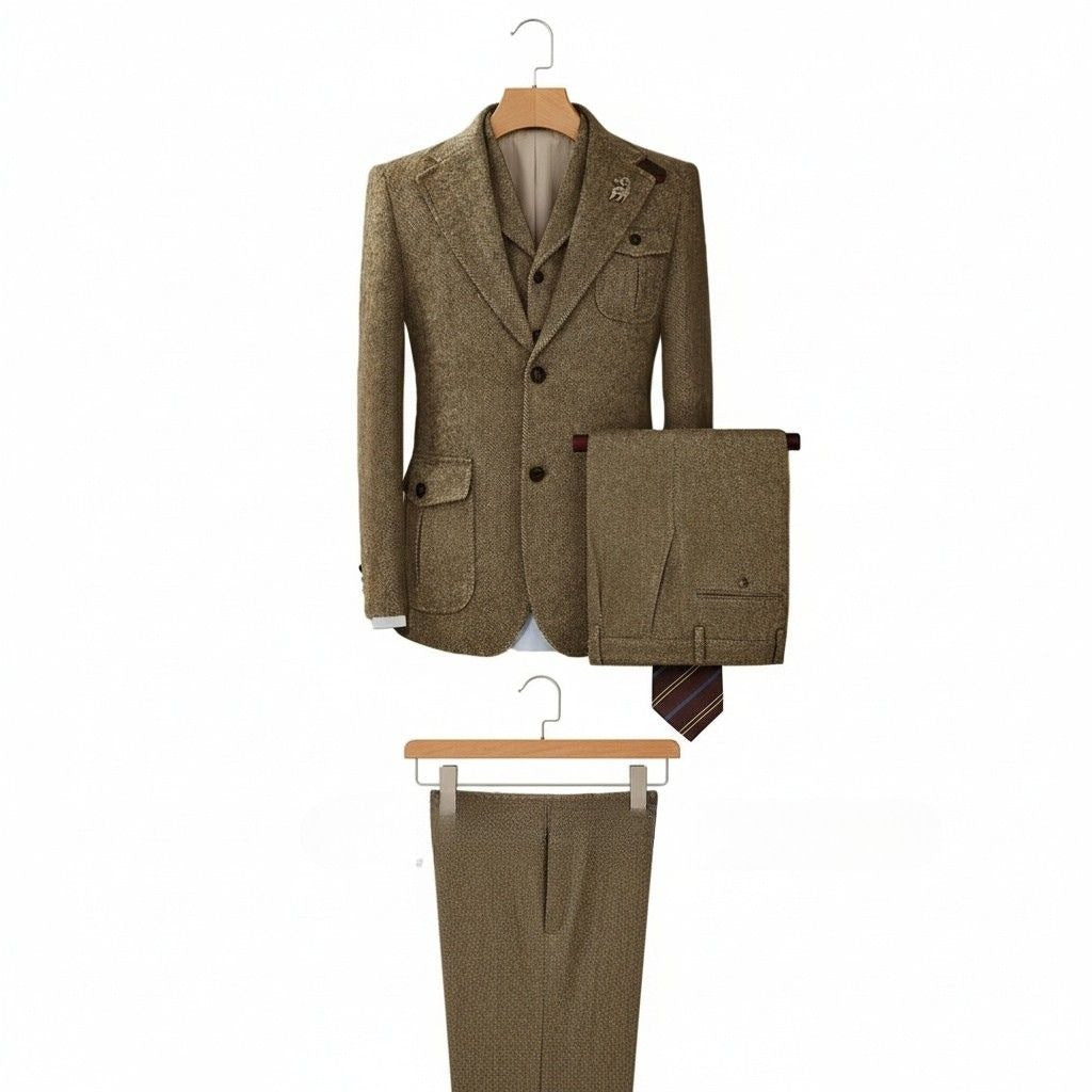 Wool Three Piece Suit - Tweed - Front View